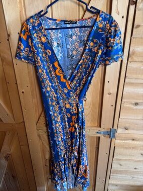 SHEIN Blue & Orange Floral Wrap Midi Dress